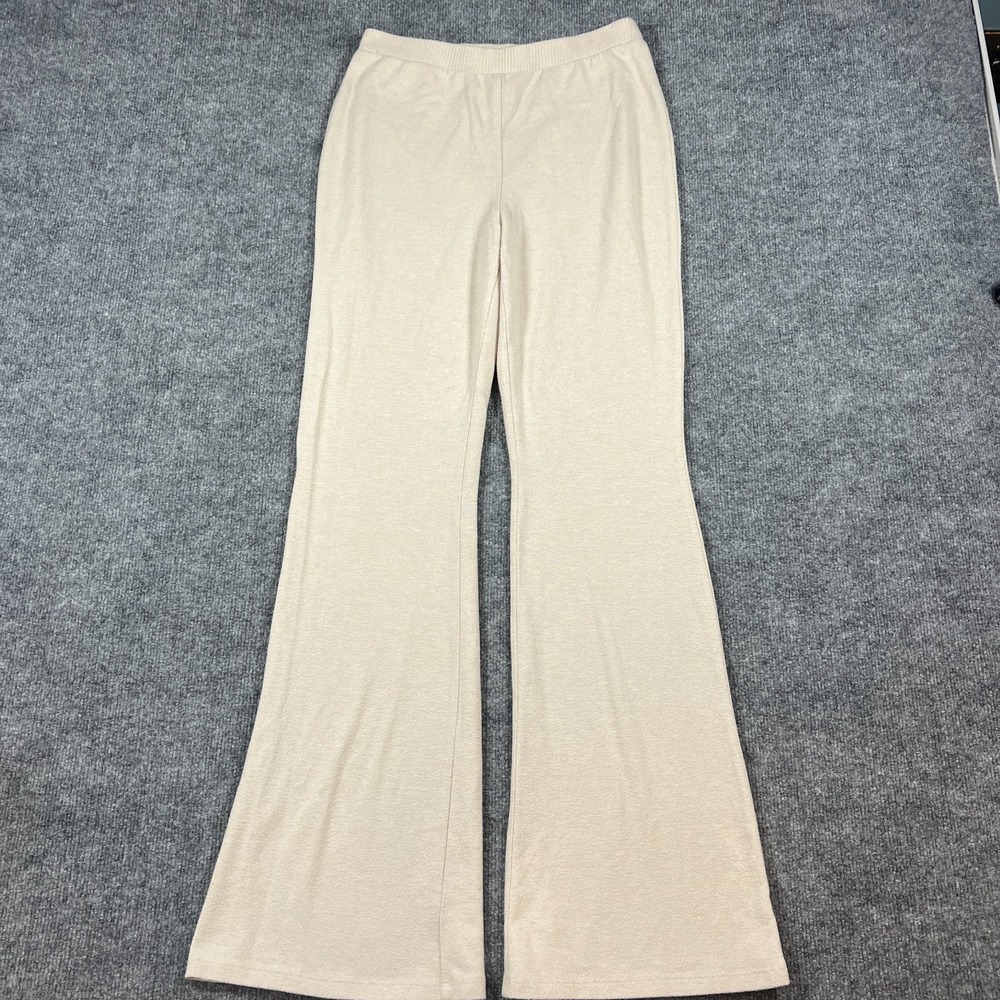 Forever 21 Flared Leg Pants Womens Medium Beige Tight Knit Ribbed Elastic Waist